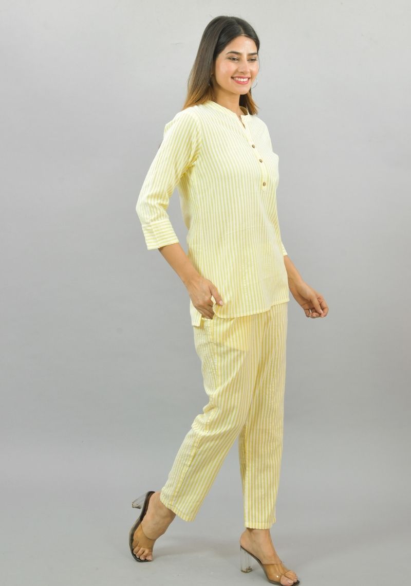 Women Co-Ords Yellow Cotton Checks Dress Top and Bottom