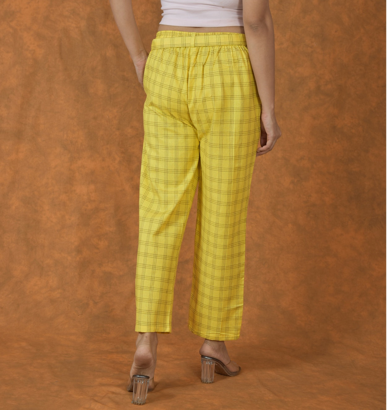 Yellow Black Cotton Checks Belt Pant