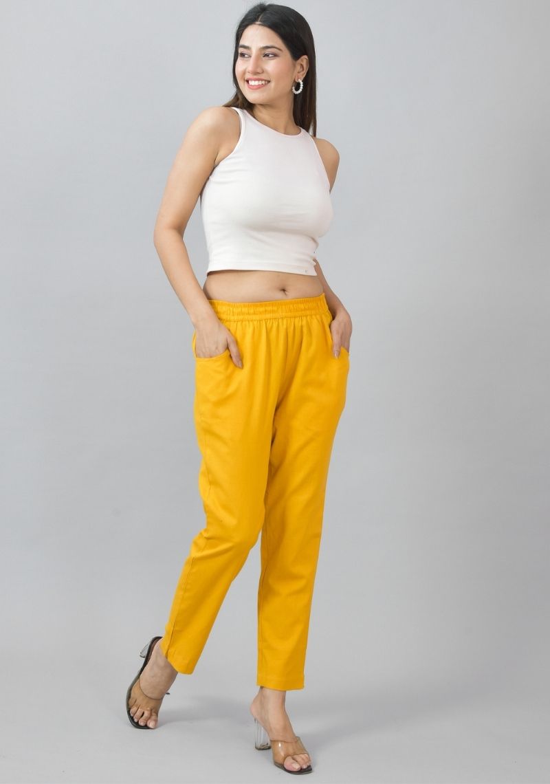 Yellow Solid Cotton Flax Trouser Pants