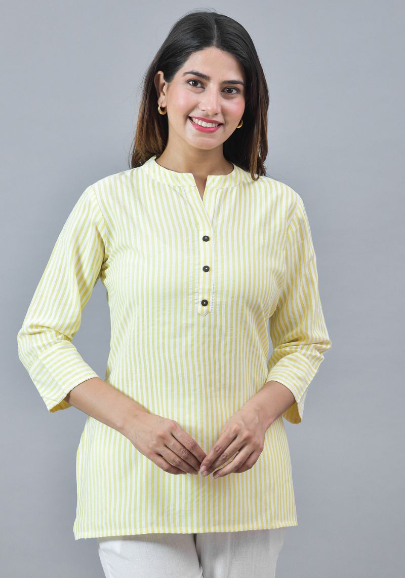 Yellow White Cotton Stripe Women Top