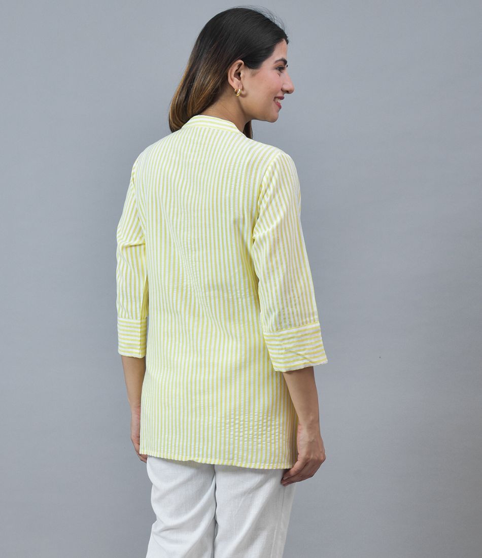 Yellow White Cotton Stripe Women Top